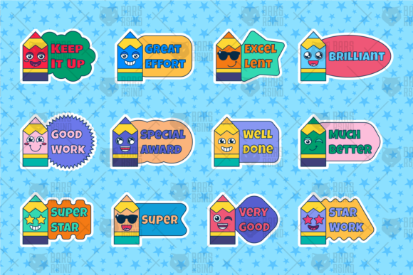 School Reward Motivational Stickers Set: Graphics & Crafts for Small Business